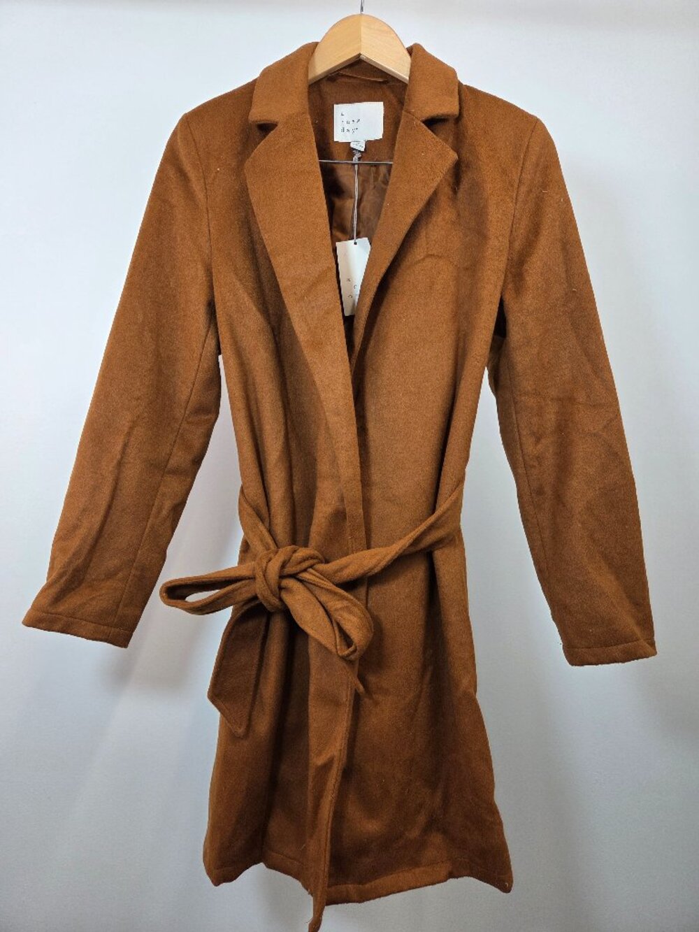 A New Day Trench Coat Women's Small Brown Wool Blend Belted Long Sleeve Jacket